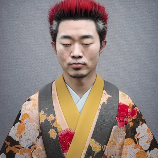 Image similar to Japanese Emmanuel Proulx wearing kimono, realistic, photo studio, HDR, 8k, trending on artstation