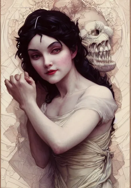 Prompt: snow white zombie mummy, intricate, elegant, highly detailed, digital painting, artstation, concept art, smooth, sharp focus, illustration, art by artgerm and greg rutkowski and alphonse mucha and william - adolphe bouguereau