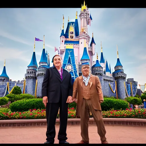 Prompt: a photo of walt disney and thanos standing together in front of the magic kingdom castle, photograph, realistic, 4K UHD, 16mm f/1.4