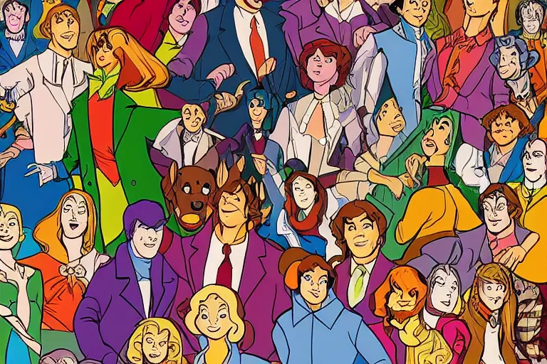 Prompt: Scooby doo cast in Edward burton style, hyper realistic, retro 70s,