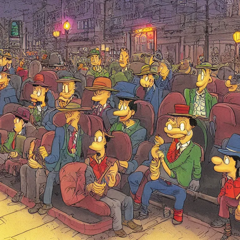 Prompt: some people waiting in bus stop in quiet dark city night, detailed, high quality, high resolution, color illustration by don rosa