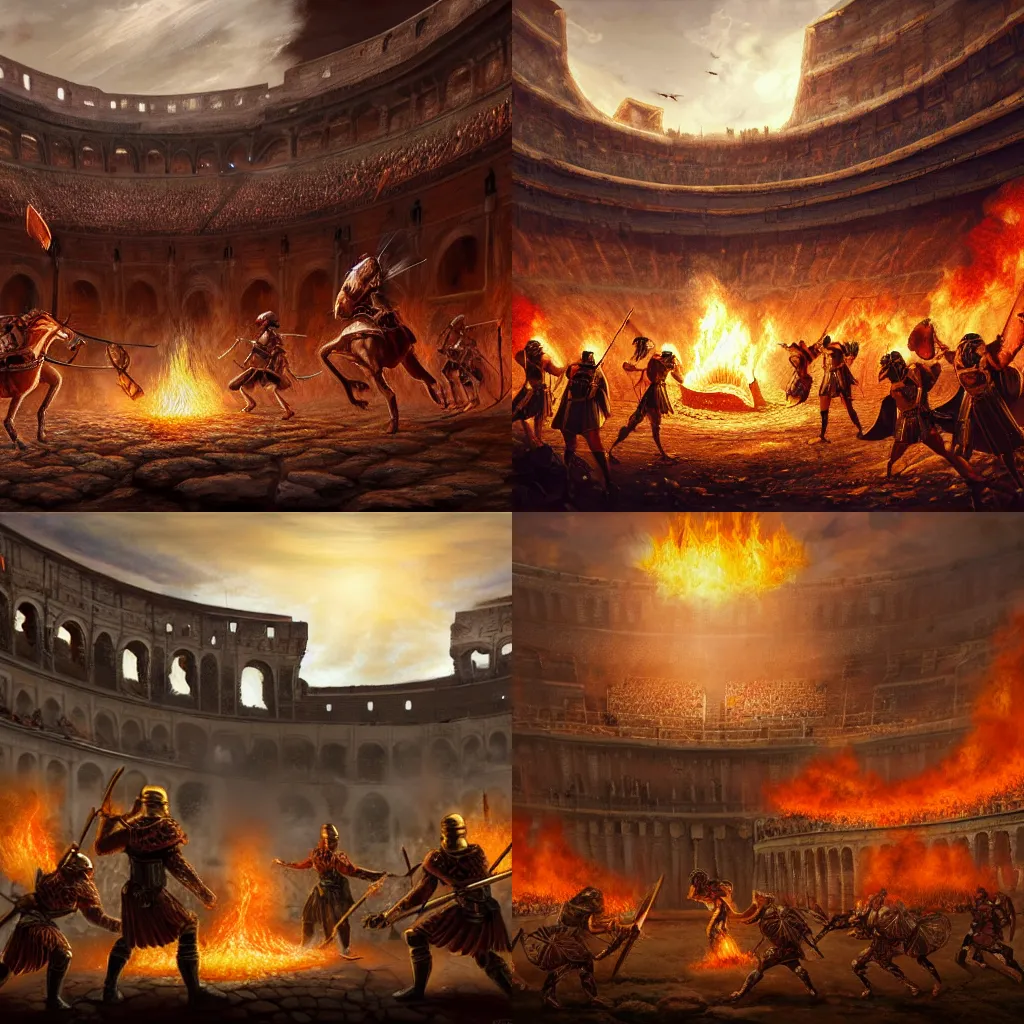 Prompt: Ancient roman soldiers fighting cockroaches in a flaming colosseum, fantasy, elegant, highly detailed, digital painting, artstation, concept art, smooth, sharp focus, digital art, hd 8k