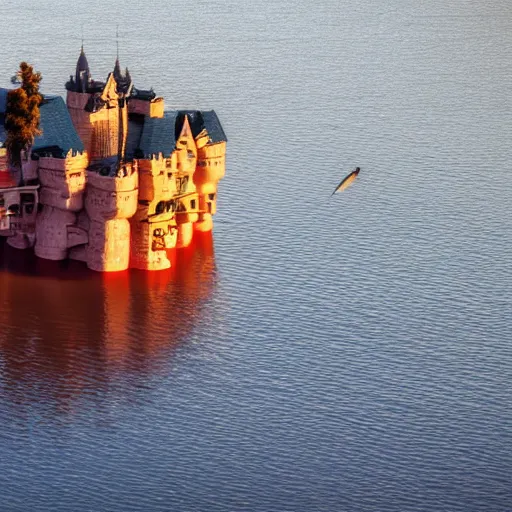 Image similar to an incredible floating castle and a floating boat, at sunset, very details, 8 k, by neil blevins