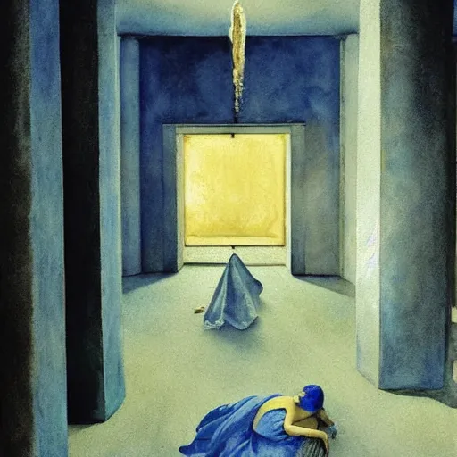 Image similar to procession in a blue and gold haunted liminal abandoned temple, watercolor by gottfried helnwein, by hammershøi, art noveau, highly detailed, lights by edward hopper, liminal, eerie, bright pastel colors