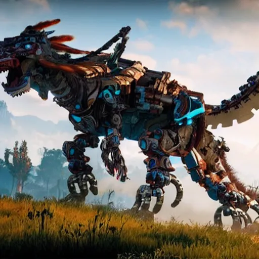 Image similar to cinematic still of horizon zero dawn, si - fi robotic dragon, highly detailed