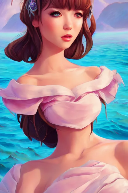 Image similar to a beautiful fashion goddness of love, chic strapless dress, tropical sea background, character design, in the style of artgerm, and wlop, cinematic lighting, hyperdetailed, 8 k realistic, symmetrical, global illumination, radiant light, frostbite 3 engine, cryengine, dof, trending on artstation, digital art