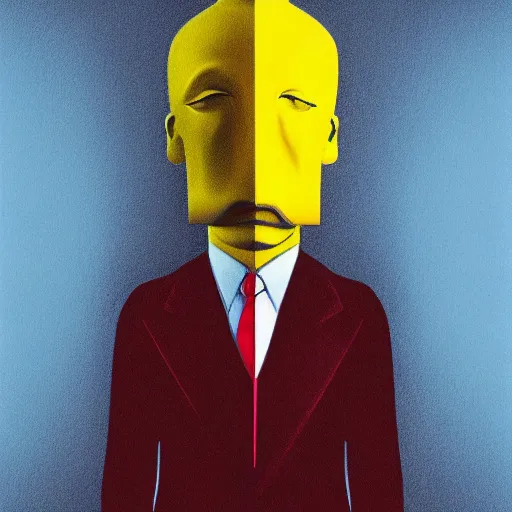 Image similar to ultra realistic portrait ofa man in suit in a studio, ultra detailed, under blue, red and yellow cinematic lighting, salvador dali, cartoon, monument valley, escher