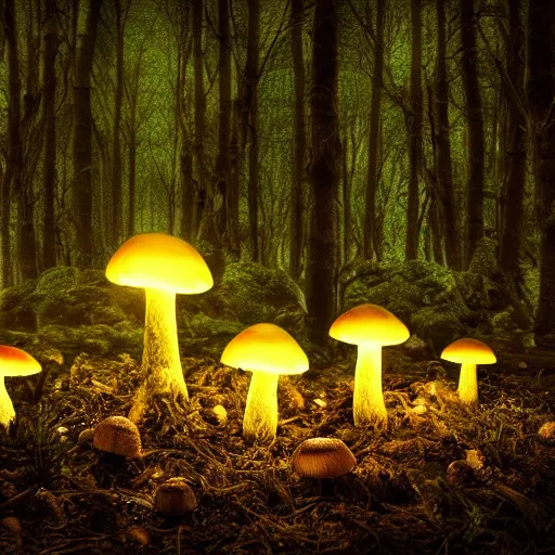 Image similar to glowing mushrooms in magical forrest, dark atmosphere, soft lighting, high detail, 8 k