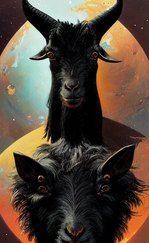 Image similar to a detailed portrait of a black goat in space, concept art, deep focus, intricate, highly detailed, digital painting, artstation, matte, sharp focus, illustration, art by greg rutkowski and alphonse mucha