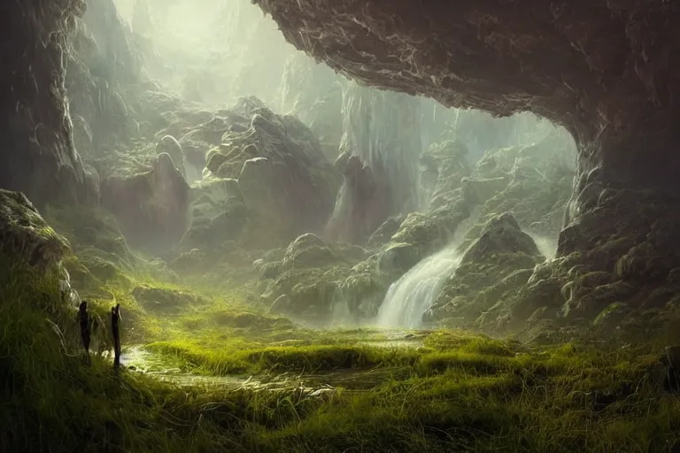 Image similar to amazing concept painting, by Jessica Rossier and HR giger and Beksinski, prophecy, hallucination, garden of eden, lush fruit orchard stream and rock garden, waterfalls, moss, fruit trees, wild animals, garden of earthly delights