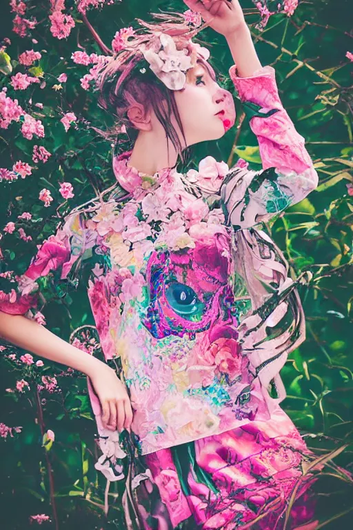 Image similar to runaway cybernetic floral fashion teen girl in fantasy dresses antediluvian traditional patterned blouse zine beautiful photography, ghibli akira xenogears ethereal bright fashion zine