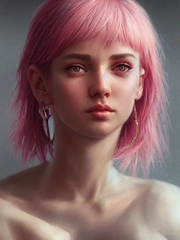 Image similar to beautiful russian girl with short pink hair and nose piercing, pink eye liner, thin round earrings, winds of winter, au naturel, hyper detailed, digital art, trending in artstation, cinematic lighting, studio quality, smooth render, octane rendered, concept art, sharp focus, illustration, art by artgerm and greg rutkowski and wlop