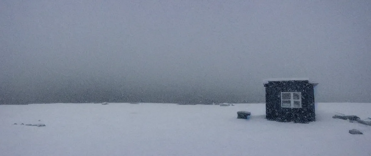 Image similar to a high quality color creepy atmospheric extreme wide angle shot hd 4 k film 3 5 mm photograph of very heavy snow storm a total white out blizzard in a desolate antarctica landscape