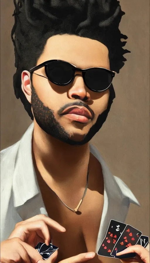 Prompt: the weeknd wearing sunglasses and playing cards by caravaggio, brown skin, classical painting, digital painting, romantic, vivid color, oil painting