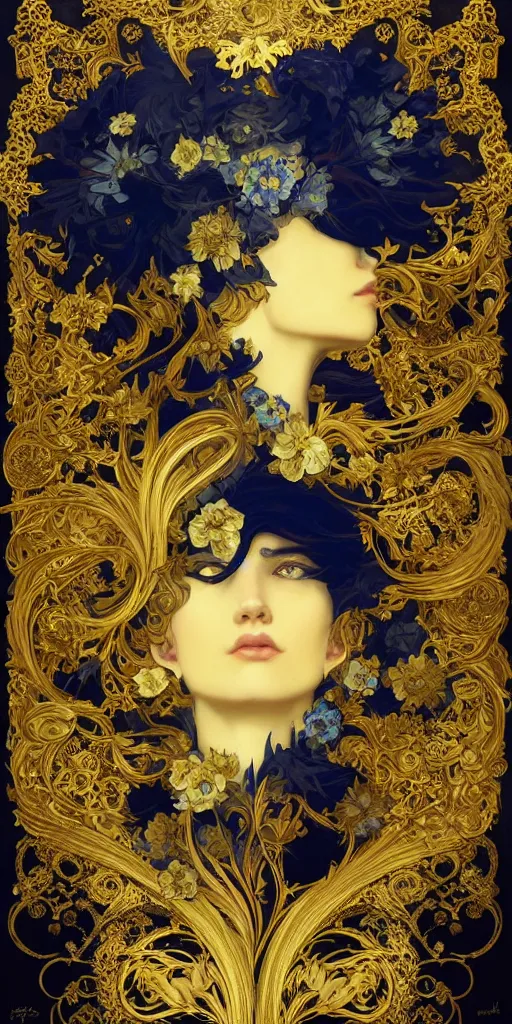 Image similar to black blue yellow, complicated gold and blue flowers the baroque style decoration, dark fantasy, intricate, elegant, highly detailed, digital painting, artstation, concept art, matte, 3 d 8 k octane rendered, sharp focus, illustration, octane rendered, art by artgerm and alphonse mucha, leesha hannigan