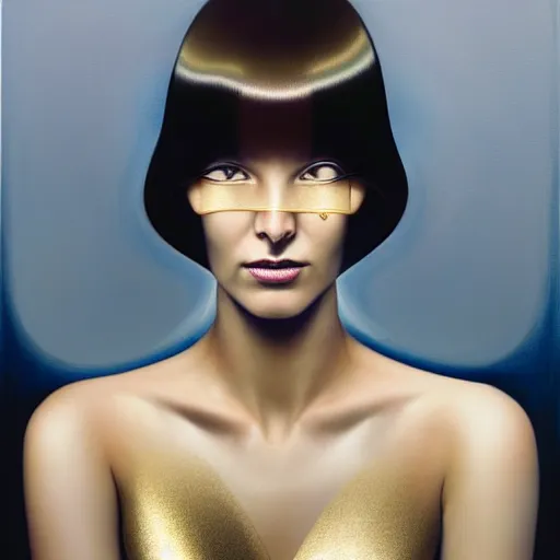 Prompt: Facial portrait of a gorgeous professional futuristic girl, looking away from the camera, seductive smile, gold jewellery, corporate, business, sparkle in eyes, lips slightly parted, long flowing hair, no hands visible, diamonds, science fiction, delicate, teasing, arrogant, defiant, bored, mysterious, intricate, extremely detailed painting by Mark Brooks (and by Greg Rutkowski), visible brushstrokes, thick paint visible, no light reflecting off paint, vibrant colors, studio lighting