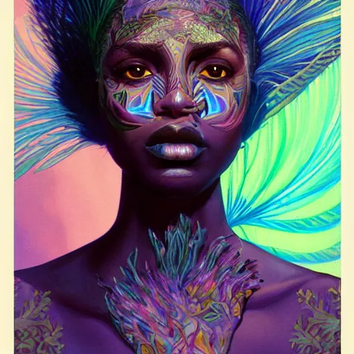 Image similar to A black woman having a reality bending psychedelic experience, colorful, distorted, surreal, tropical leaves and feathers, dramatic lighting on the face, intricate, elegant, highly detailed, digital painting, concept art, smooth, sharp focus, illustration, art by Krenz Cushart and Wayne Barlowe and alphonse mucha