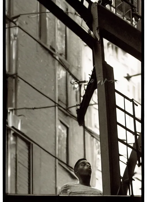 Image similar to a 35mm photograph of a man sitting on a fire escape in New York City in the 1960's at sunset, bokeh, Canon 50mm, cinematic lighting, photography, retro, film, Kodachrome, award-winning, rule of thirds, golden hour