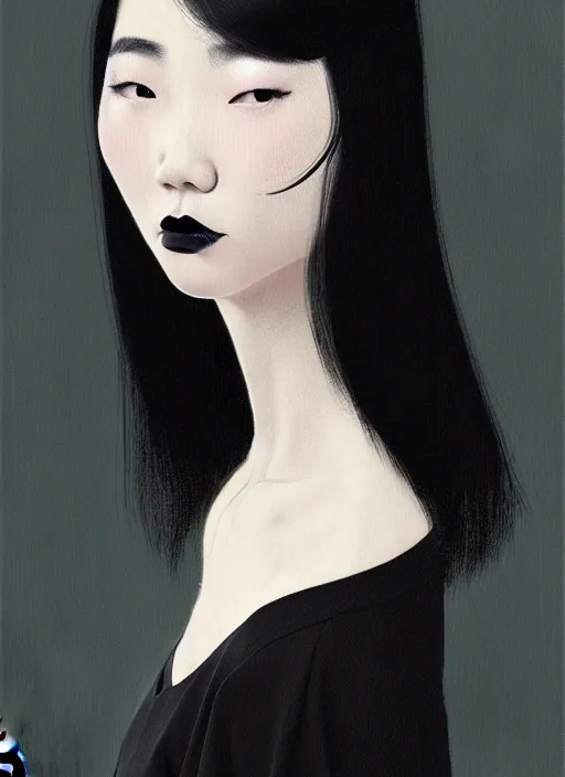 Image similar to portrait of a korean woman with a crooked nose and a confident expression, 1 9 6 0 s, black clothes, goth, punk, brightly coloured hair, funk, intricate, elegant, highly detailed, digital painting, artstation, concept art, smooth, sharp focus, illustration, art by wlop, mars ravelo and greg rutkowski