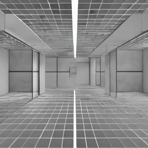 Image similar to symmetry, parallel perspective with center end point, parallax mapping of brutalist room, by maurits cornelis escher, octane render, high quality