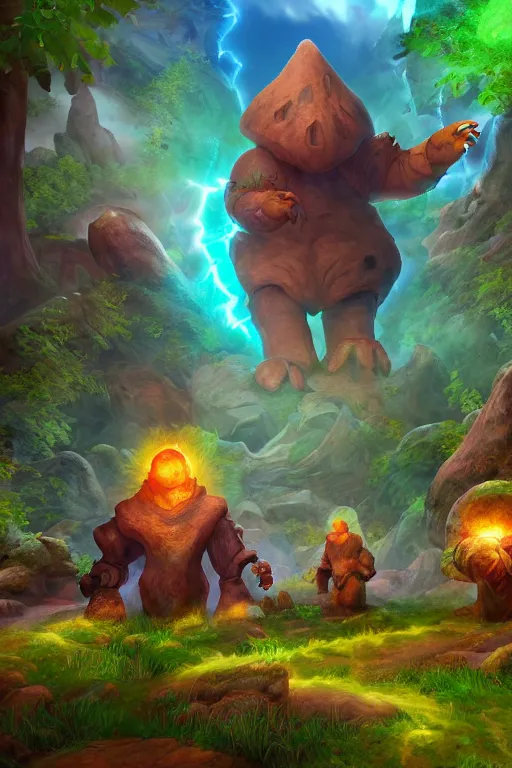 Image similar to arcane fantasy art giant golem elemental wood rock bastion forged gemstone enchanted forest troll, global illumination ray tracing hdr fanart arstation by sung choi and eric pfeiffer and gabriel garza and casper konefal lisa frank zbrush central hardmesh radiating a glowing aura