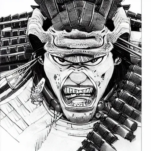 Prompt: a close up of an enraged samurai, stunning details, by kim jung gi