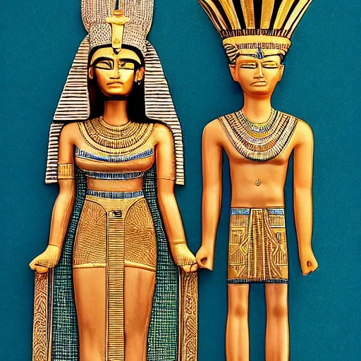 Image similar to donald and melania trump as egyptian king and queen, elegant, majestic, powerful, pyramids, anunaki, hieroglyphs, lush, rainforest, river, green, river god, wilbur smith, gold, trump tower