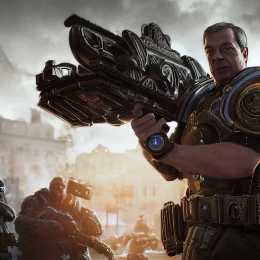 Image similar to Portrait of Nigel Farage in Gears of War, splash art, movie still, cinematic lighting, dramatic, octane render, long lens, shallow depth of field, bokeh, anamorphic lens flare, 8k, hyper detailed, 35mm film grain