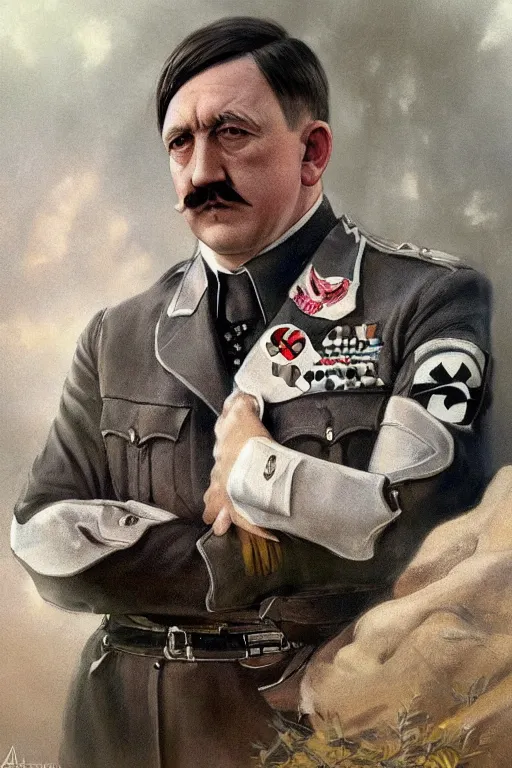 Image similar to photorealistic portrait photograph of adolf hitler, kawaii!! handsome, depth of field, soft focus, highly detailed, intricate, realistic, national geographic cover, soft glow, textured, artstation, concept art, sharp focus, illustration, art by artgerm and greg rutkowski and alphonse mucha