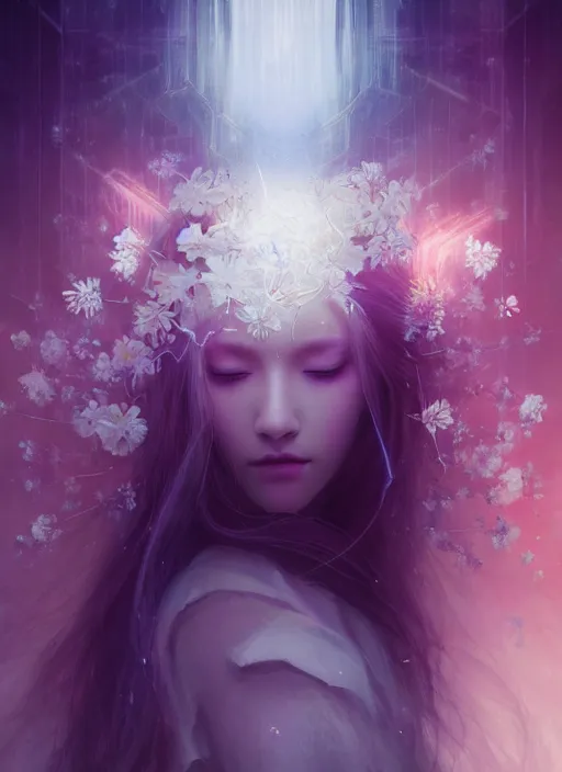Prompt: a beautiful majestic white queen with flowers on her hair, glowing light orbs, intricate concept art, elegant, digital painting, smooth, sharp focus, ethereal mist, deep colors, illuminated lines, outrun, vaporware, dark background, cyberpunk darksynth, ethereal, ominous, misty, 8 k, rendered in octane, by ruan jia and miho hirano