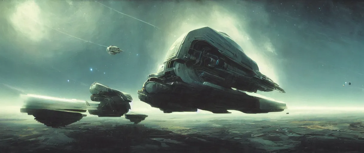 Prompt: concept art, exploration spaceship drifting in space, the expanse tv series, industrial design, industrial apparent, immensity, wide angle, cinematic lighting, 4k, widescreen ratio, by sparth, beksinski