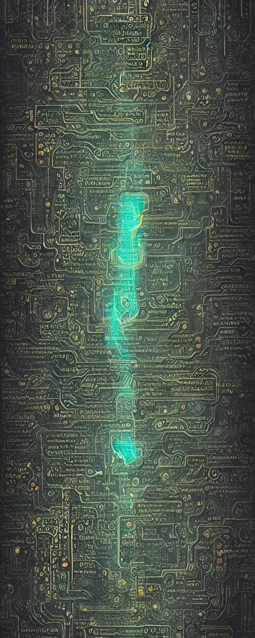 Image similar to a cyberpunk parchment with sketches and matrix rain, ancient text, neon, fractals, recursive, magic, technological, cyberpunk, lovecraft