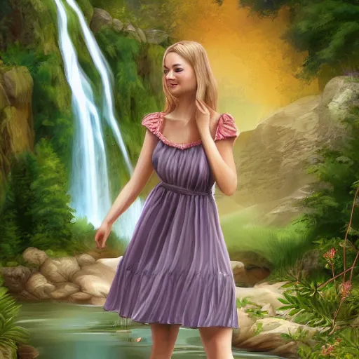 Image similar to beautiful woman in her late 20s wearing a cottagecore summer dress, light blonde shoulder-length hair, standing near a waterfall, 4k digital art, digital painting, highly detailed and intricate