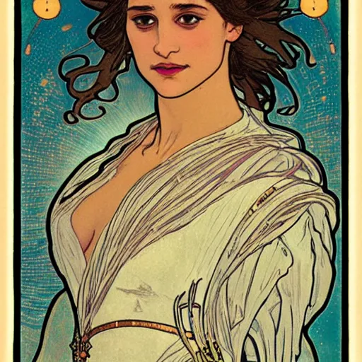 Image similar to alicia vikander portrait by louis - theophile hingre and alphonse mucha, realistic, sharp focus, zodiac signs, tarot cards, planets, ethereal, art nouveau, magic, moon, sun, crown, dreamy, royal, jewellery