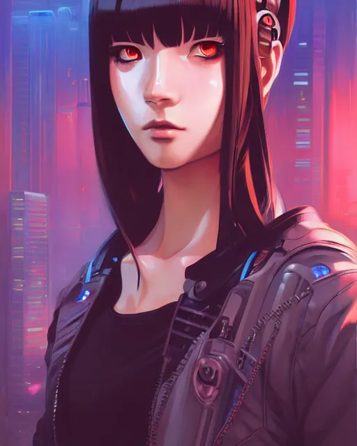 Image similar to a comic potrait of a cyberpunk cyborg girl with big and cute eyes, fine - face, realistic shaded perfect face, fine details. night setting. very anime style. realistic shaded lighting poster by ilya kuvshinov katsuhiro, magali villeneuve, artgerm, jeremy lipkin and michael garmash, rob rey and kentaro miura style, trending on art station