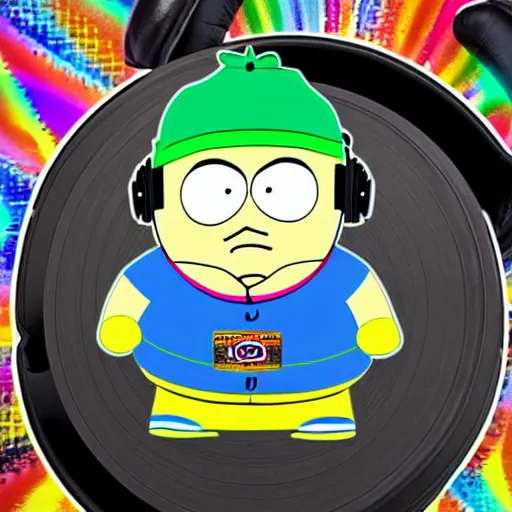 Image similar to svg sticker of a Dancing-Eric-Cartman-Southpark, at a rave, spinning records, giant headphones rocking out, wearing headphones, huge speakers, dancing, rave, DJ, spinning records, digital art, amazing composition, rule-of-thirds, award-winning, trending on artstation, featured on deviantart