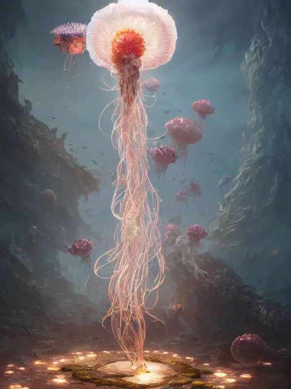 Image similar to a fancy portrait of a giant floating flower and jellyfish by Greg Rutkowski, Sung Choi, Mitchell Mohrhauser, Maciej Kuciara, Johnson Ting, Maxim Verehin, Peter Konig, Bloodborne , 8k photorealistic, cinematic lighting, HD, high details, atmospheric , trending on artstation