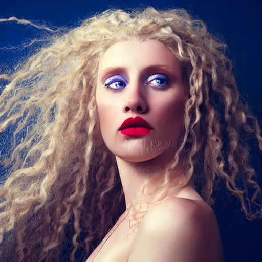 Prompt: a beautiful english woman with a long face narrow nose blue eyes red lips and wild messy tangles of curly white blonde hair, high resolution film still, sandy, a journey to the west