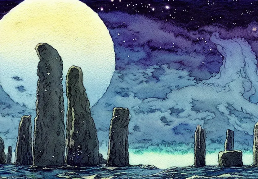 Prompt: a simple watercolor studio ghibli movie still fantasy concept art of stonehenge at the bottom of the ocean. a giant squid from princess mononoke ( 1 9 9 7 ) is holding large stones. it is a misty starry night. by rebecca guay, michael kaluta, charles vess