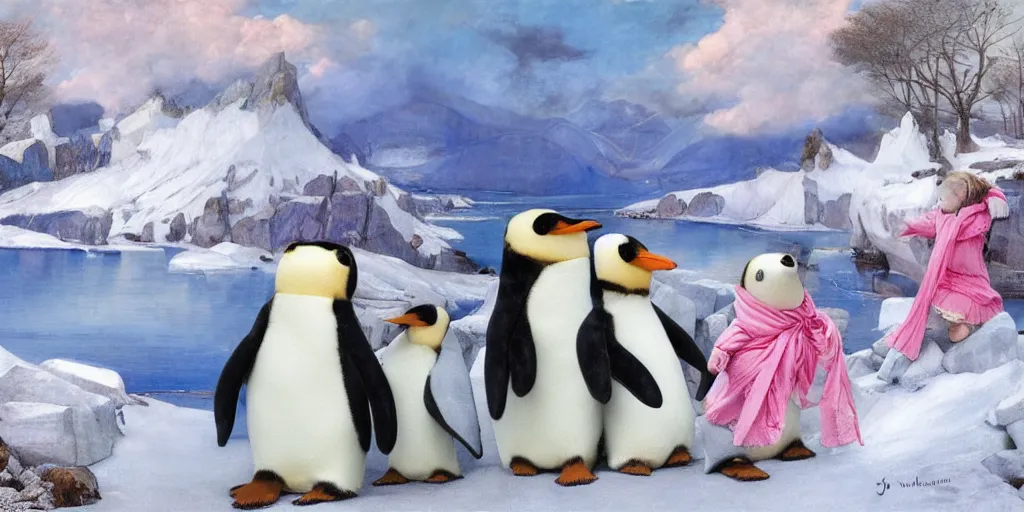 Prompt: 3 d precious moments plush penguin with realistic fur and an blue / white / gray / green / pink / tan / mid pink / blue gray color scheme, snowy mountain landscape, master painter and art style of john william waterhouse and caspar david friedrich and philipp otto runge