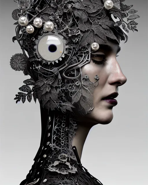 Image similar to monochrome profile portrait painting, silver lace floral steampunk biomechanical beautiful young female cyborg with techno eye, volumetric light, leaves foliage and stems, hibiscus flowers, sinuous fine roots, fine foliage lace, alexander mcqueen, rim light, big gothic fashion pearl embroidered collar, octane render, dutch masters, 8 k