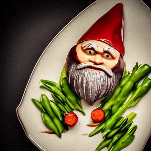 Image similar to roast gnome on a platter, michelin star restaurant, award winning food photography, macro lens