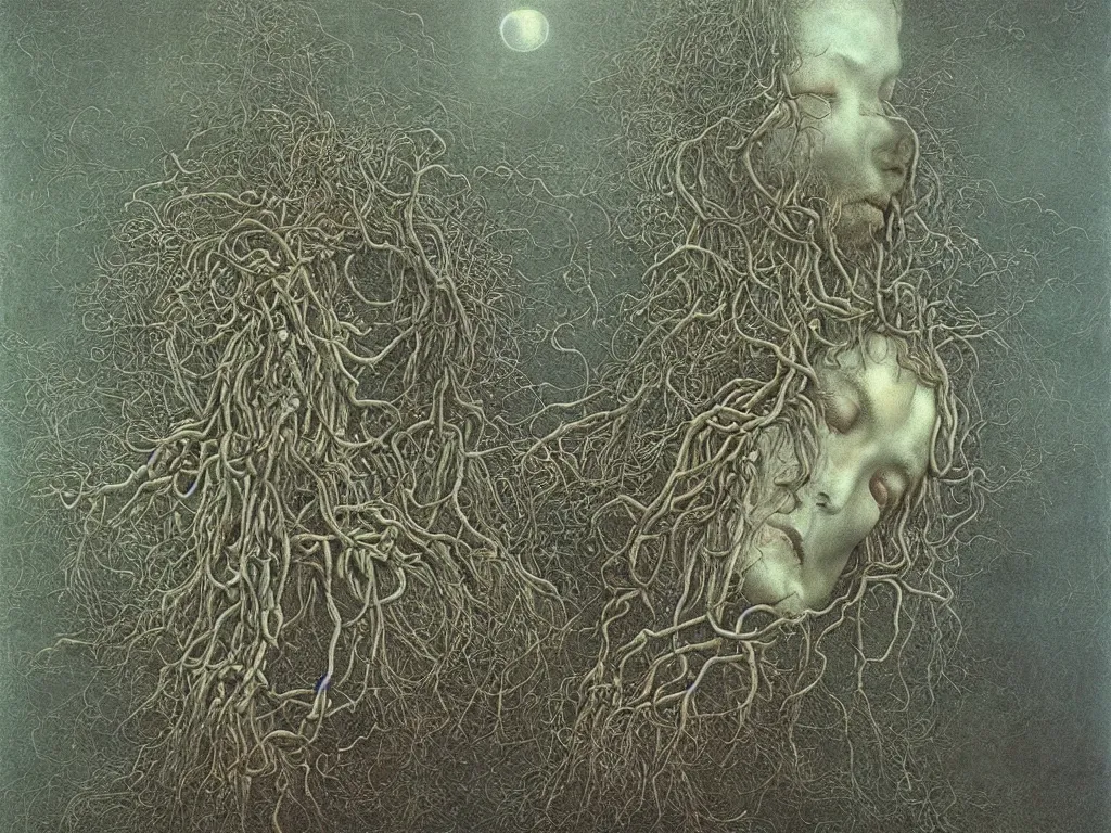 Prompt: Delicate tendrils. Melancholic limpid rocks. Void is a blessing. Mystic. Lucas Cranach, Beksinski