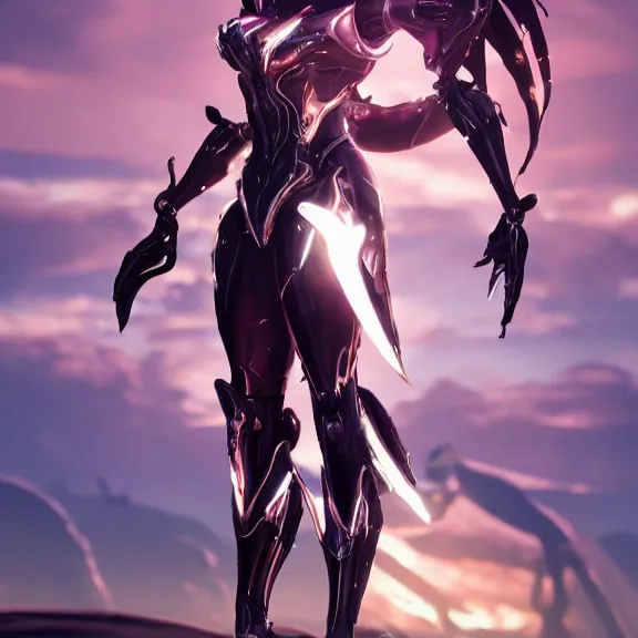 Image similar to cinematic full body shot of a beautiful stunning saryn prime warframe, that's a beautiful stunning anthropomorphic robot female dragon with metal cat ears, cute elegant pose, standing on teh beach at sunset, robot cat paws for feet, thick warframe legs, detailed arms, sharp claws, slick pink armor, streamlined white armor, long elegant tail attached to her back end, two arms, two legs, detailed warframe fanart, destiny fanart, macro art, dragon art, furry art, realistic digital art, warframe art, Destiny art, furaffinity, DeviantArt, artstation, 3D realistic, 8k HD, octane render