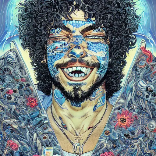 Image similar to portrait of crazy post malone, symmetrical, by yoichi hatakenaka, masamune shirow, josan gonzales and dan mumford, ayami kojima, takato yamamoto, barclay shaw, karol bak, yukito kishiro, areuz