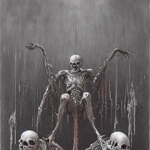 Image similar to merge skeletons in the hundeds reaching out the borken portal to hell, artwork by beksinski gammell mcfarlane giger realsistic horror, wispy prismatic ink horrors