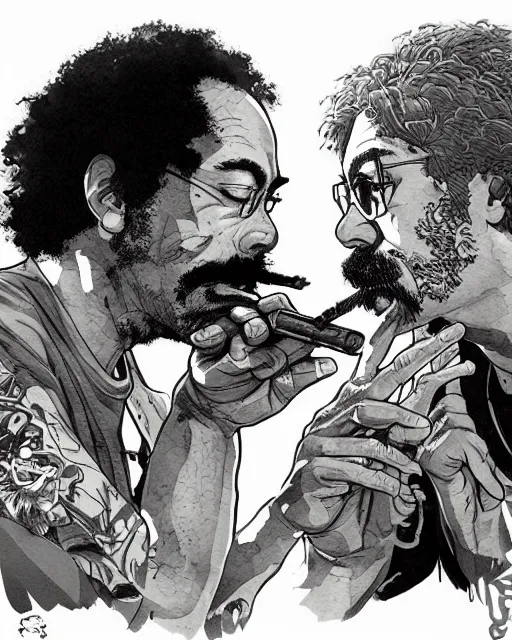 Image similar to portrait of cheech and chong smoking blunts, concept art, sumi - e style, intricate linework, artstation, trending, highly detailed, smooth, focus, art by yoji shinkawa,