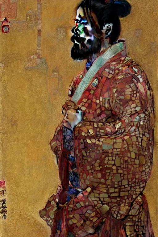 Image similar to a man wearing hanfu, muscular, detailed face, correct face, cyberpunk chinese ancient castle, fantasy, painting by Gustav Klimt, greg rutkowski and alphonse mucha