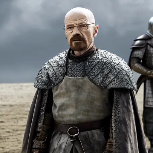 Prompt: walter white dresses like a knight from game of thrones, cinematic, highly - detailed, 8 k, hbo, game of thrones, realistic