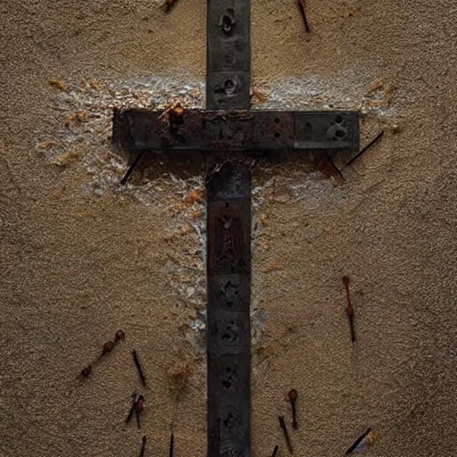 Prompt: cross made of rusty nails!!!!!!!!!!, art by ruan jia and wlop and greg rutkowski, masterpiece, photograph